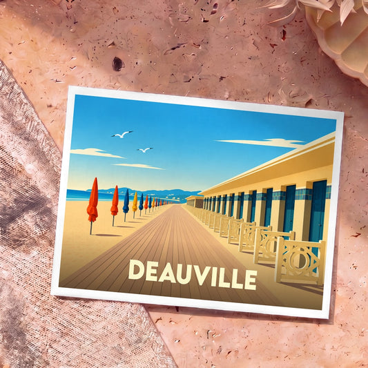 Carte postale souvenir de Deauville illustrant ses célèbres cabines de plage et son front de mer.