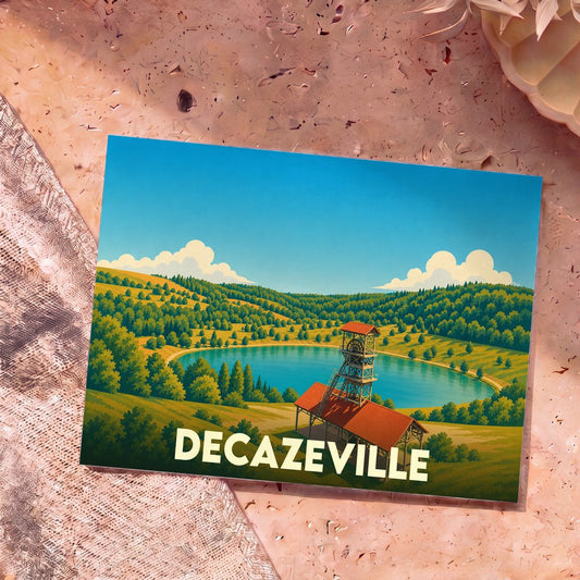 Carte postale souvenir de la ville de Decazeville avec une illustration stylisée d'un puits de mine devant un lac.