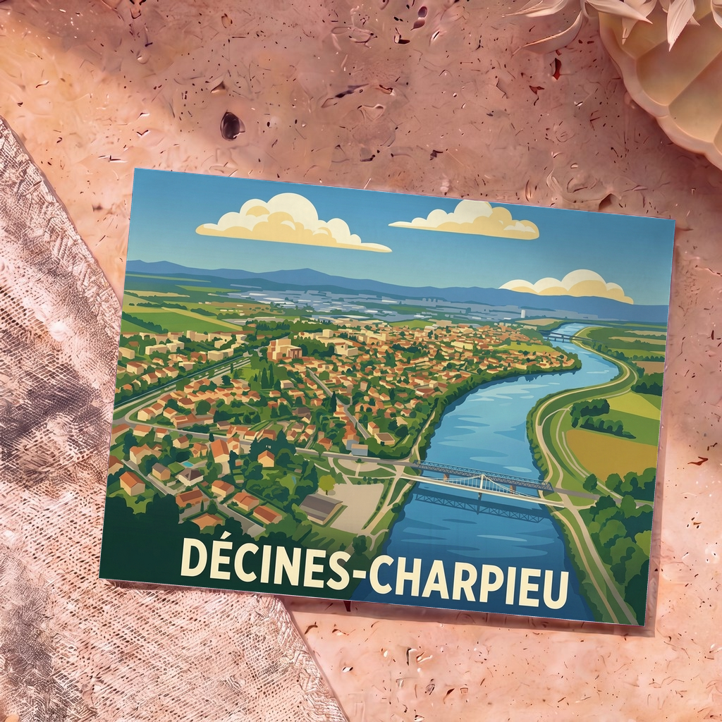 Carte postale souvenir de la ville de Décines-Charpieu avec une illustration stylisée vue du ciel.