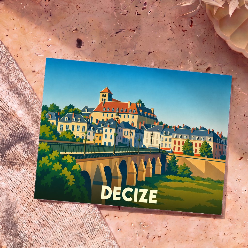 Carte postale souvenir de la ville de Decize avec une illustration stylisée de son pont et de ses bâtiments historiques.