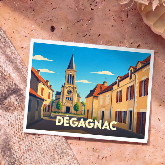 Carte postale souvenir de la ville de Dégagnac avec une illustration stylisée de son église et de ses rues.