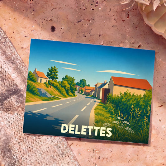 Carte postale souvenir de la ville de Delettes avec une illustration stylisée d'un paysage de campagne.