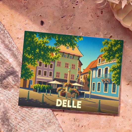 Carte postale souvenir de la ville de Delle avec une illustration colorée et stylisée d'une place pavée.