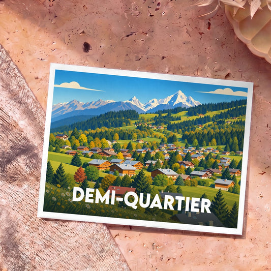 Carte postale souvenir de la ville de Demi-Quartier avec une illustration stylisée d'un village de montagne.
