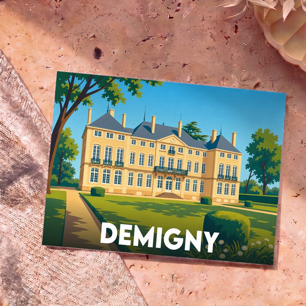 Carte postale souvenir de la ville de Demigny illustrant son château dans un style graphique épuré.