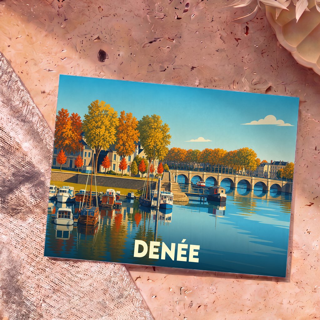Carte postale souvenir de la ville de Denée avec une illustration stylisée d'un port fluvial en automne.