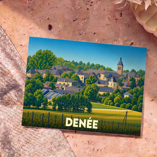 Carte postale souvenir de la ville de Denée avec une illustration stylisée.
