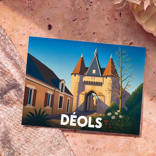 Carte postale souvenir de la ville de Déols avec une illustration stylisée de sa porte monumentale.