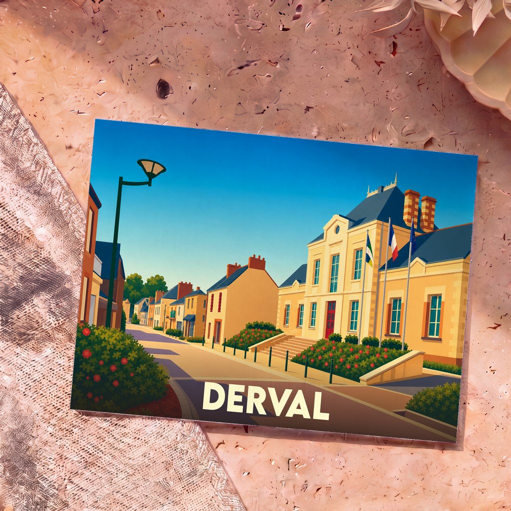 Carte postale souvenir de la ville de Derval avec une illustration stylisée de sa mairie et de ses rues.