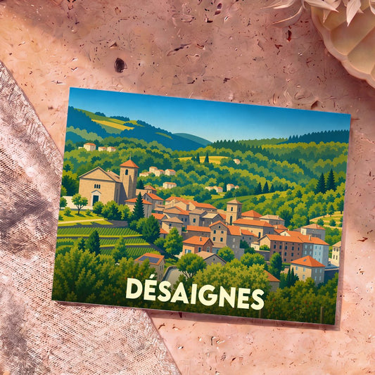 Carte postale souvenir de la ville de Désaignes illustrant son village niché dans une vallée verdoyante.