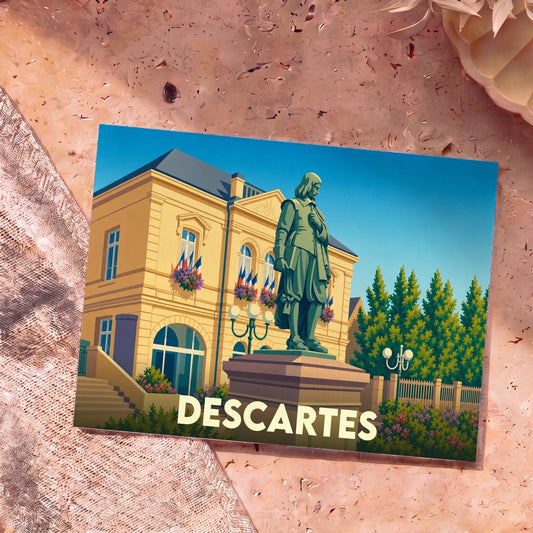 Carte postale souvenir de la ville de Descartes avec une illustration stylisée de la statue du philosophe devant la mairie.