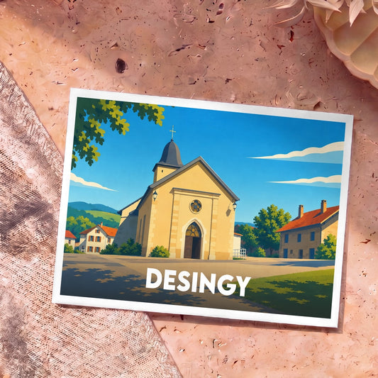 Carte postale souvenir de la ville de Desingy avec une illustration stylisée de son église sous un ciel bleu.