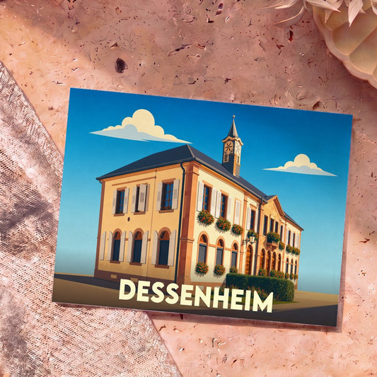 Carte postale souvenir de la ville de Dessenheim avec une illustration stylisée de sa mairie.