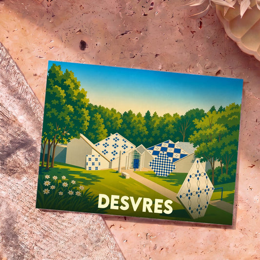 Carte postale souvenir de la ville de Desvres avec une illustration stylisée du Musée de la Céramique.