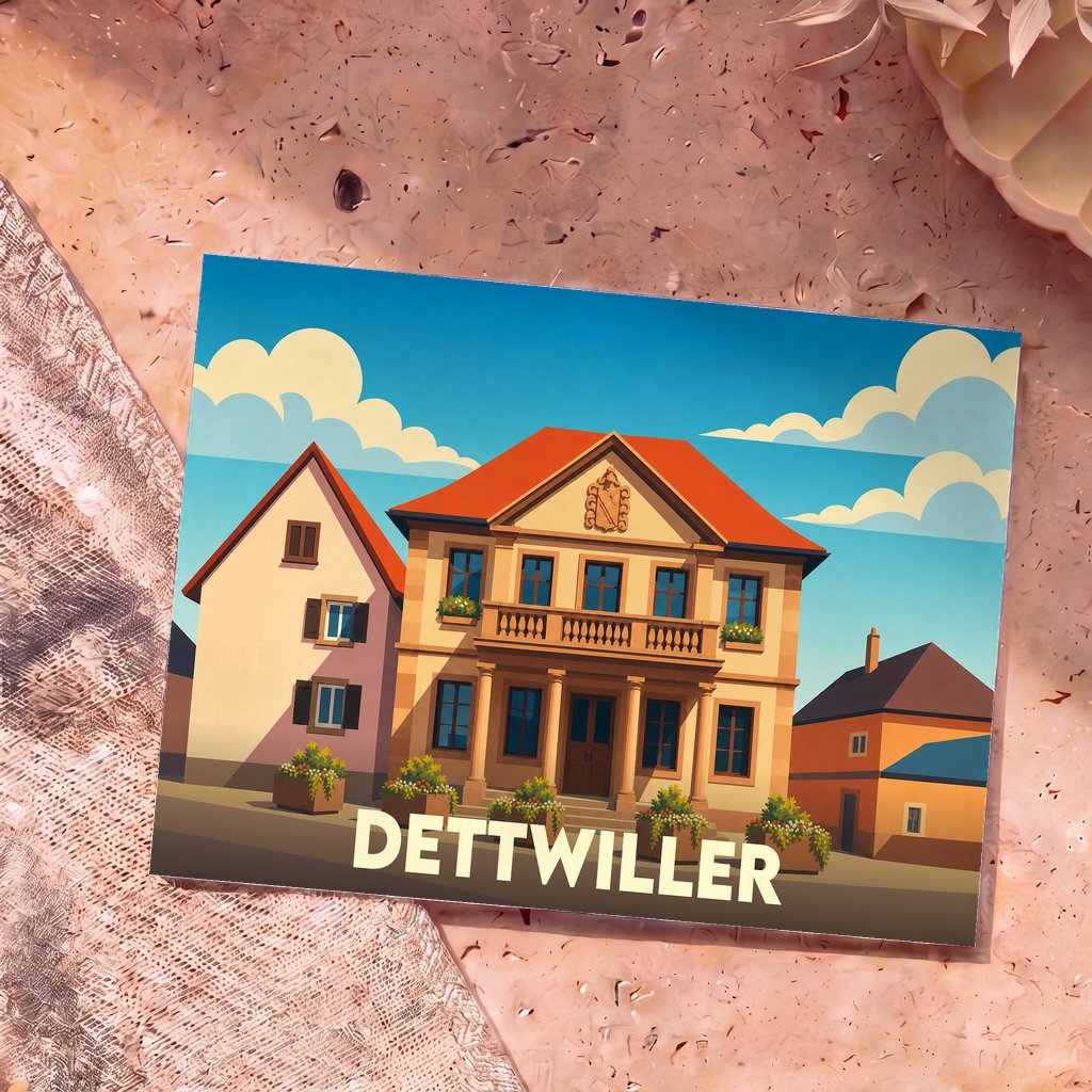 Carte postale souvenir de la ville de Dettwiller avec une illustration stylisée de ses bâtiments typiques.
