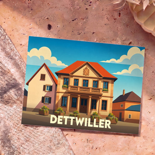 Carte postale souvenir de la ville de Dettwiller avec une illustration stylisée de ses bâtiments typiques.