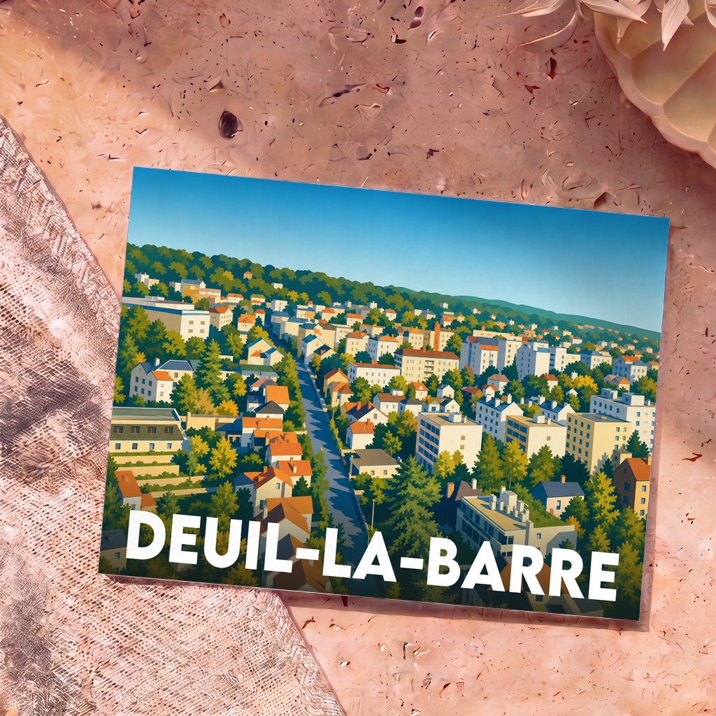 Carte postale souvenir de la ville de Deuil-la-Barre avec une illustration stylisée et colorée.