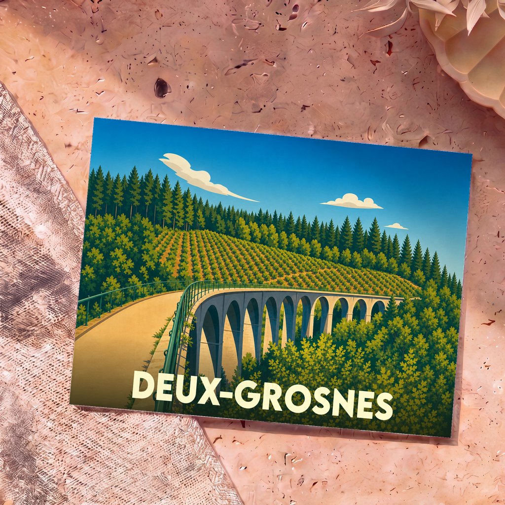 Carte postale souvenir de la commune de Deux-Grosnes avec une illustration stylisée d'un viaduc traversant une forêt et des collines.