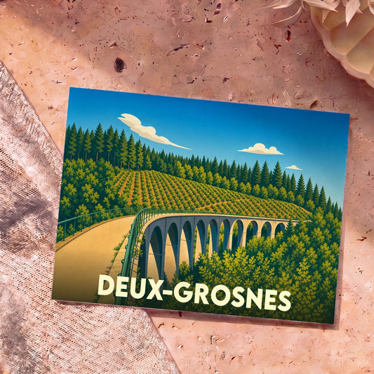 Carte postale souvenir de la commune de Deux-Grosnes avec une illustration stylisée d'un viaduc traversant une forêt et des collines.