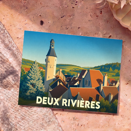 Carte postale souvenir de la ville de Deux Rivières avec une illustration stylisée d'un village et de son clocher.