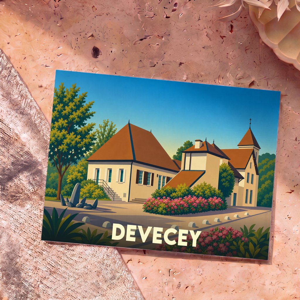 Carte postale souvenir de la ville de Devecey avec une illustration stylisée de ses bâtiments et paysages.