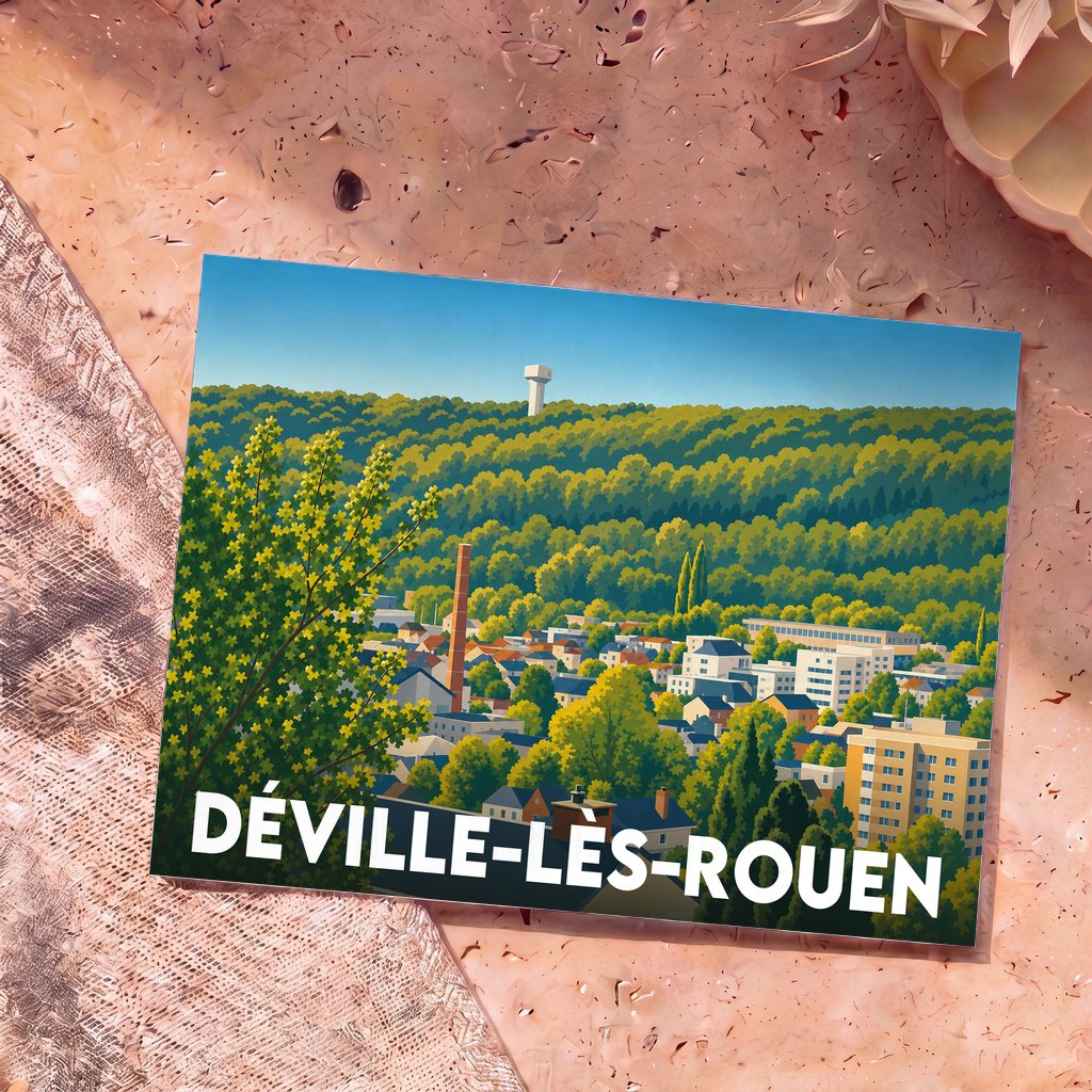 Carte postale souvenir de la ville de Déville-lès-Rouen avec une illustration stylisée et colorée.