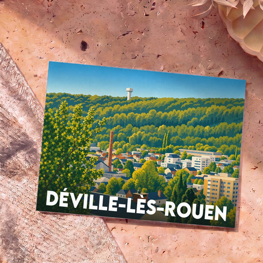 Carte postale souvenir de la ville de Déville-lès-Rouen avec une illustration stylisée et colorée.
