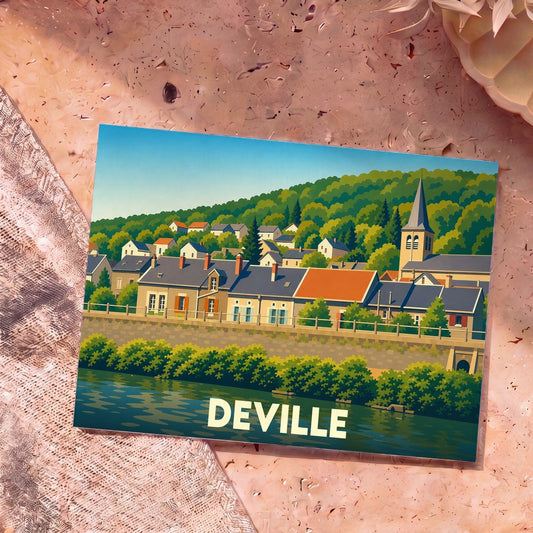 Carte postale souvenir de la ville de Deville avec une illustration stylisée représentant un village au bord de l'eau.