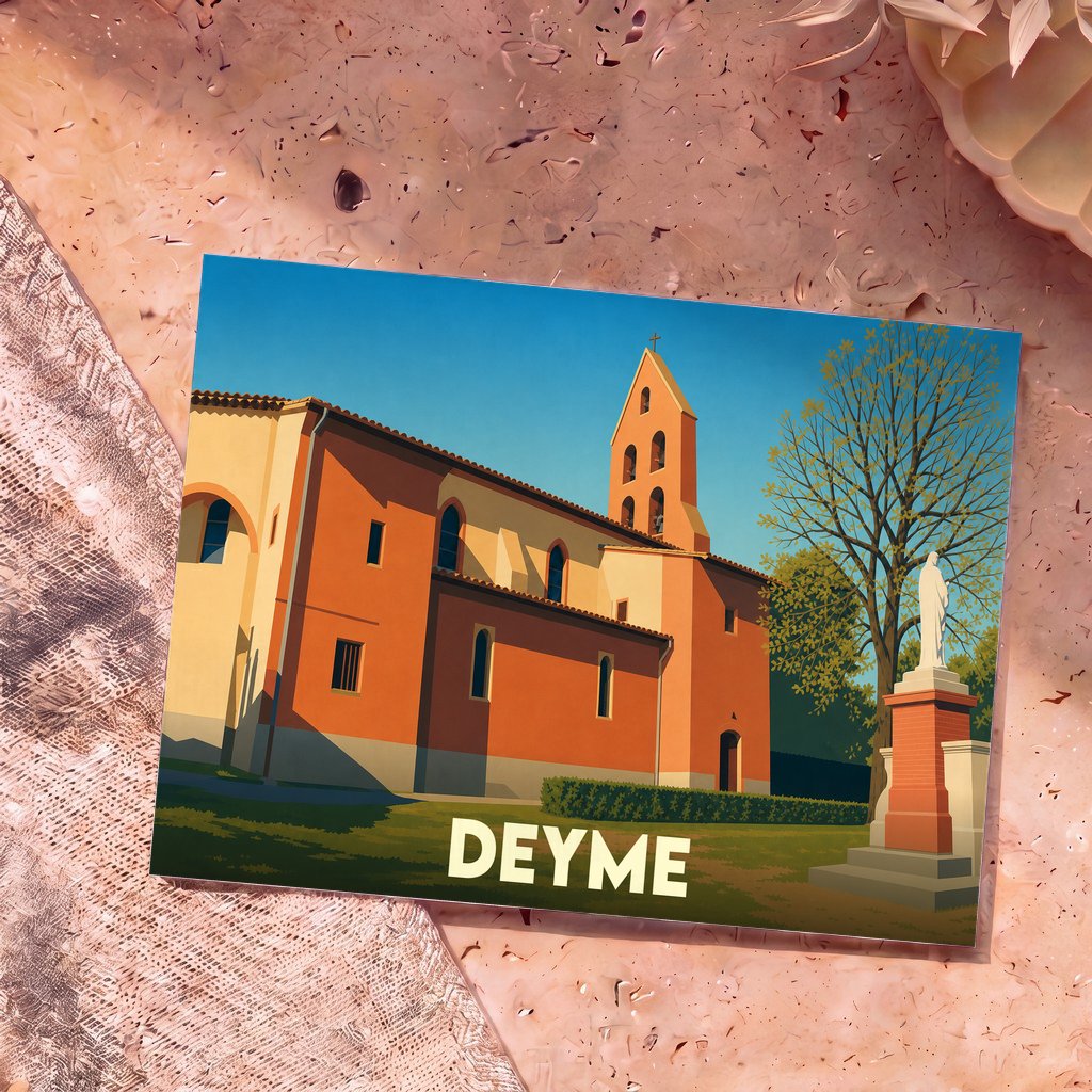 Carte postale souvenir de la ville de Deyme avec une illustration stylisée de son église sous un ciel bleu.