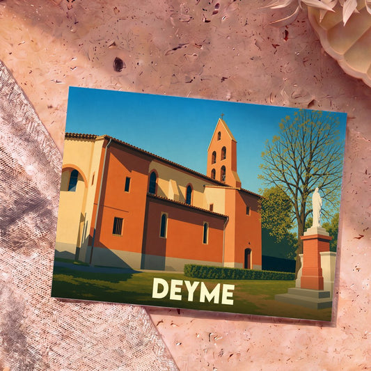 Carte postale souvenir de la ville de Deyme avec une illustration stylisée de son église sous un ciel bleu.