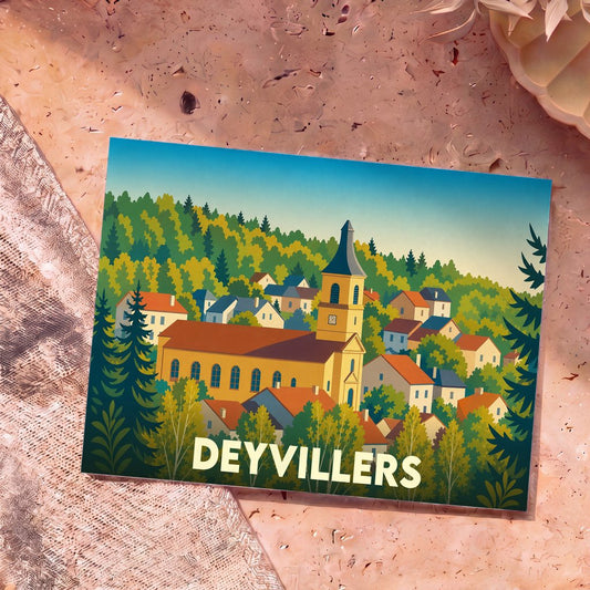 Carte postale souvenir de la ville de Deyvillers avec une illustration stylisée d'un village niché dans la forêt.