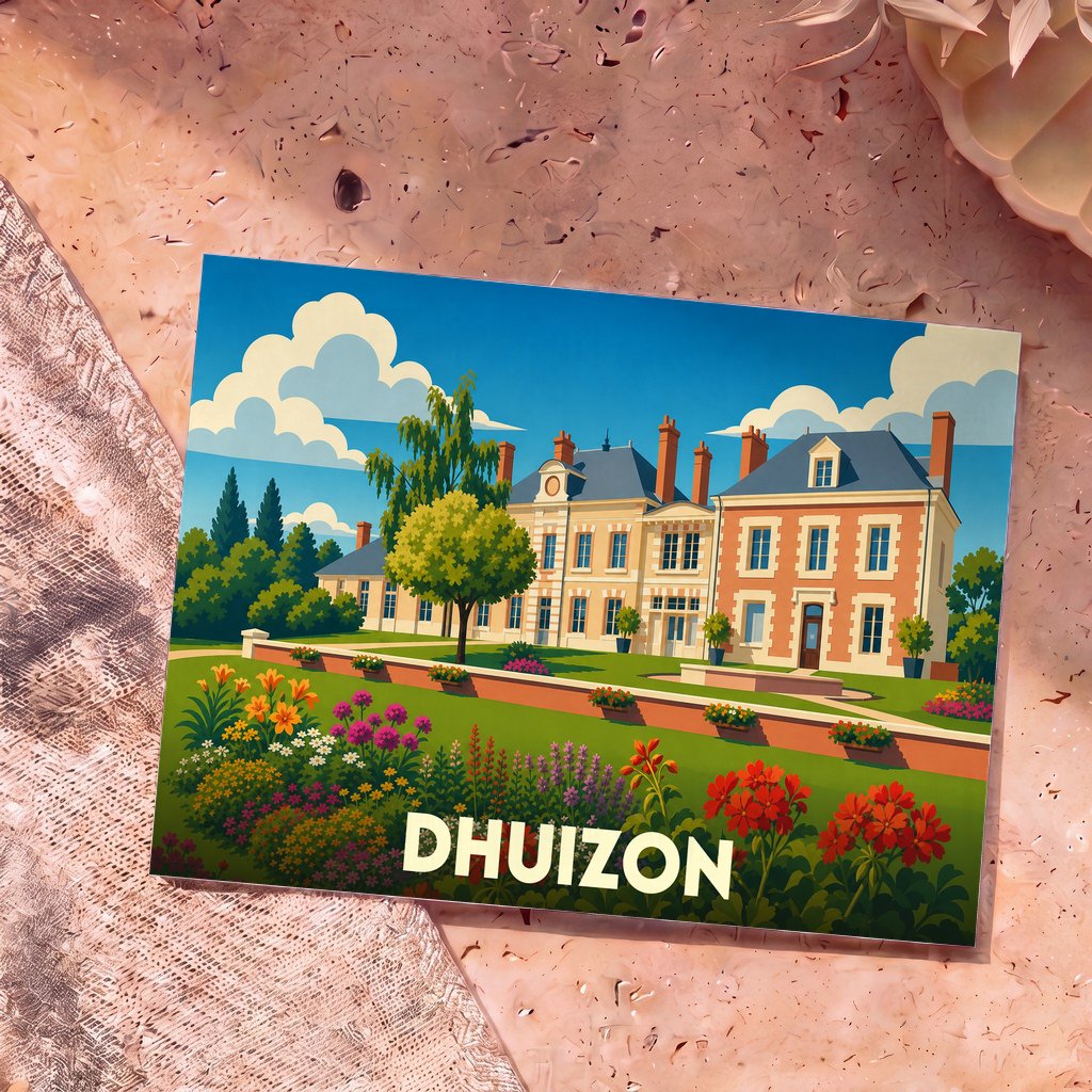 Carte postale souvenir de la ville de Dhuizon illustrant un château et ses jardins fleuris dans un style graphique épuré.