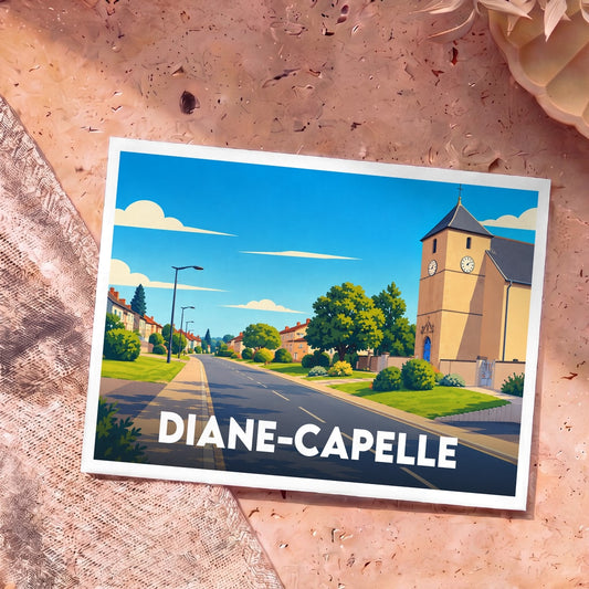 Carte postale souvenir de la ville de Diane-Capelle avec une illustration colorée et stylisée de son église et de ses rues.