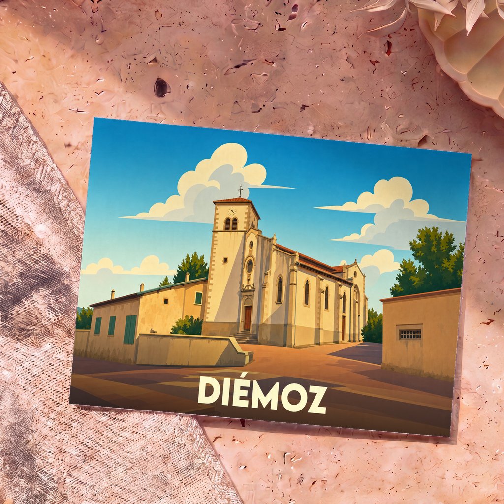 Carte postale souvenir de la ville de Diémoz avec une illustration stylisée de son église sous un ciel nuageux.