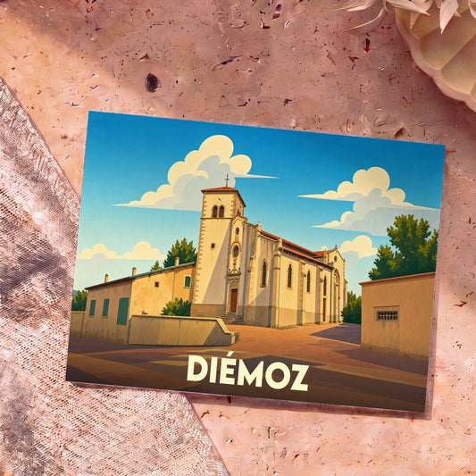 Carte postale souvenir de la ville de Diémoz avec une illustration stylisée de son église sous un ciel nuageux.