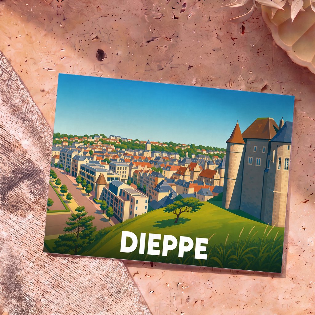 Carte postale souvenir de la ville de Dieppe arborant une illustration colorée de son château surplombant la cité.