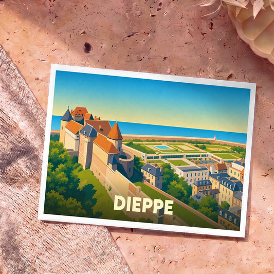 Carte postale souvenir de la ville de Dieppe avec une illustration stylisée du château surplombant la mer.