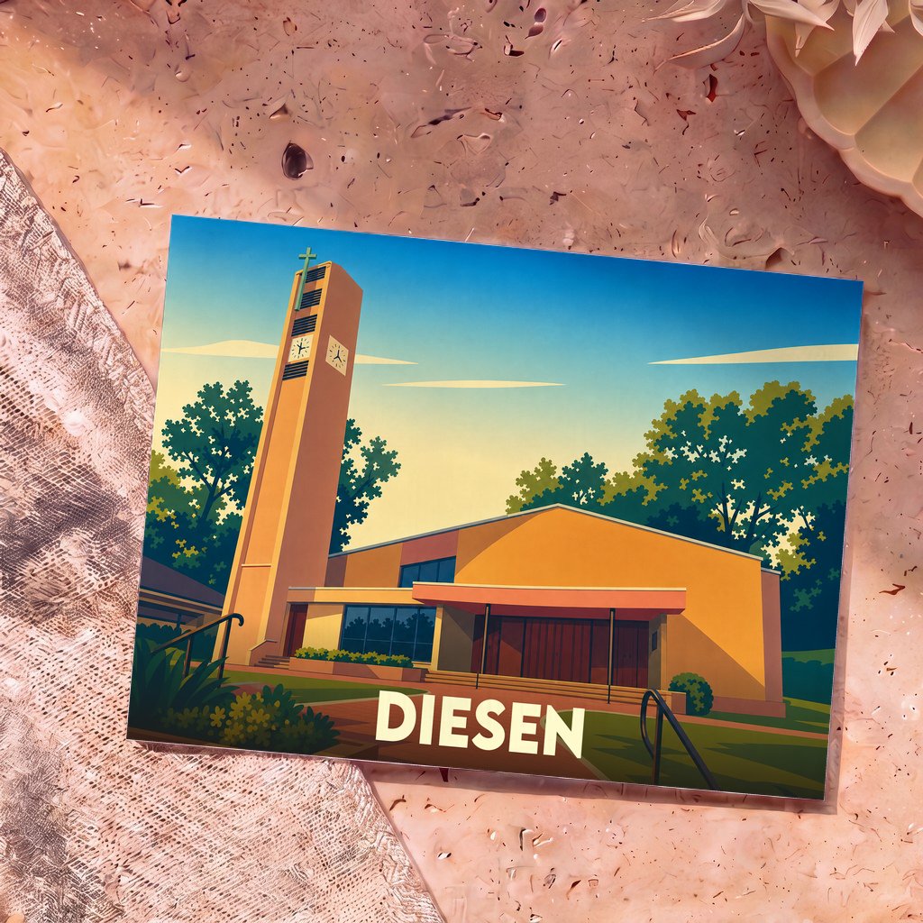 Carte postale souvenir de la ville de Diesen illustrant une église moderne dans un style graphique épuré.