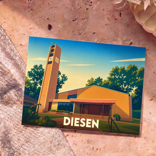 Carte postale souvenir de la ville de Diesen illustrant une église moderne dans un style graphique épuré.