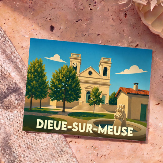 Carte postale souvenir de la ville de Dieue-sur-Meuse avec une illustration stylisée de son église et d'une fontaine.
