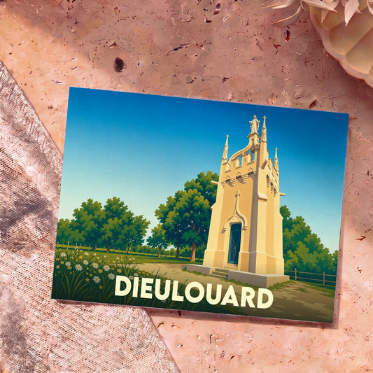 Carte postale souvenir de la ville de Dieulouard avec une illustration stylisée d'un monument historique entouré de verdure.