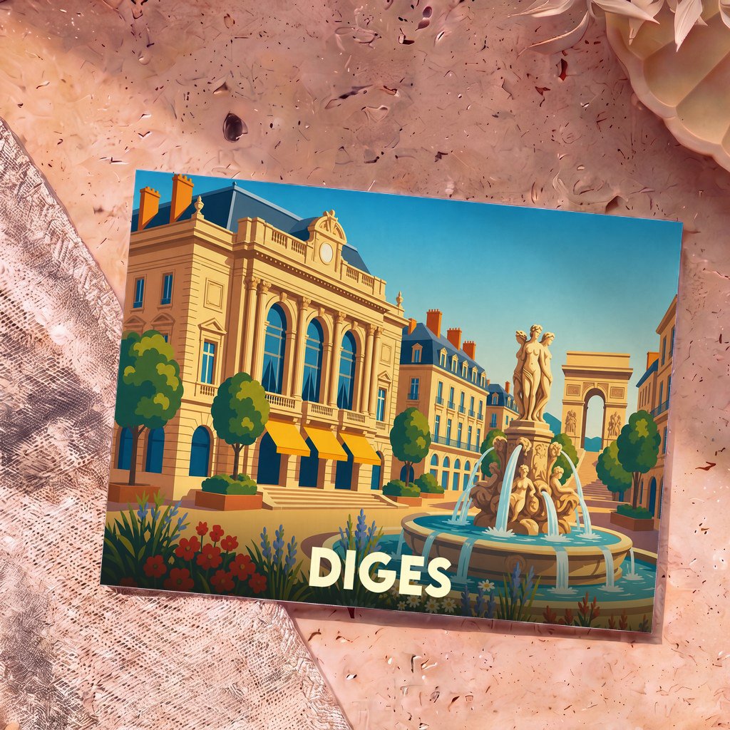 Carte postale souvenir de la ville de Diges avec une illustration stylisée d'une place animée et d'une fontaine.