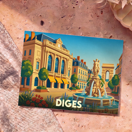Carte postale souvenir de la ville de Diges avec une illustration stylisée d'une place animée et d'une fontaine.