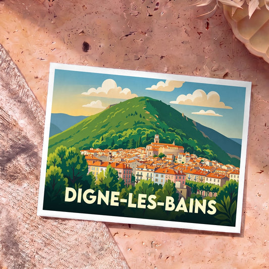 Carte postale souvenir de la ville de Digne-les-Bains avec une illustration stylisée.