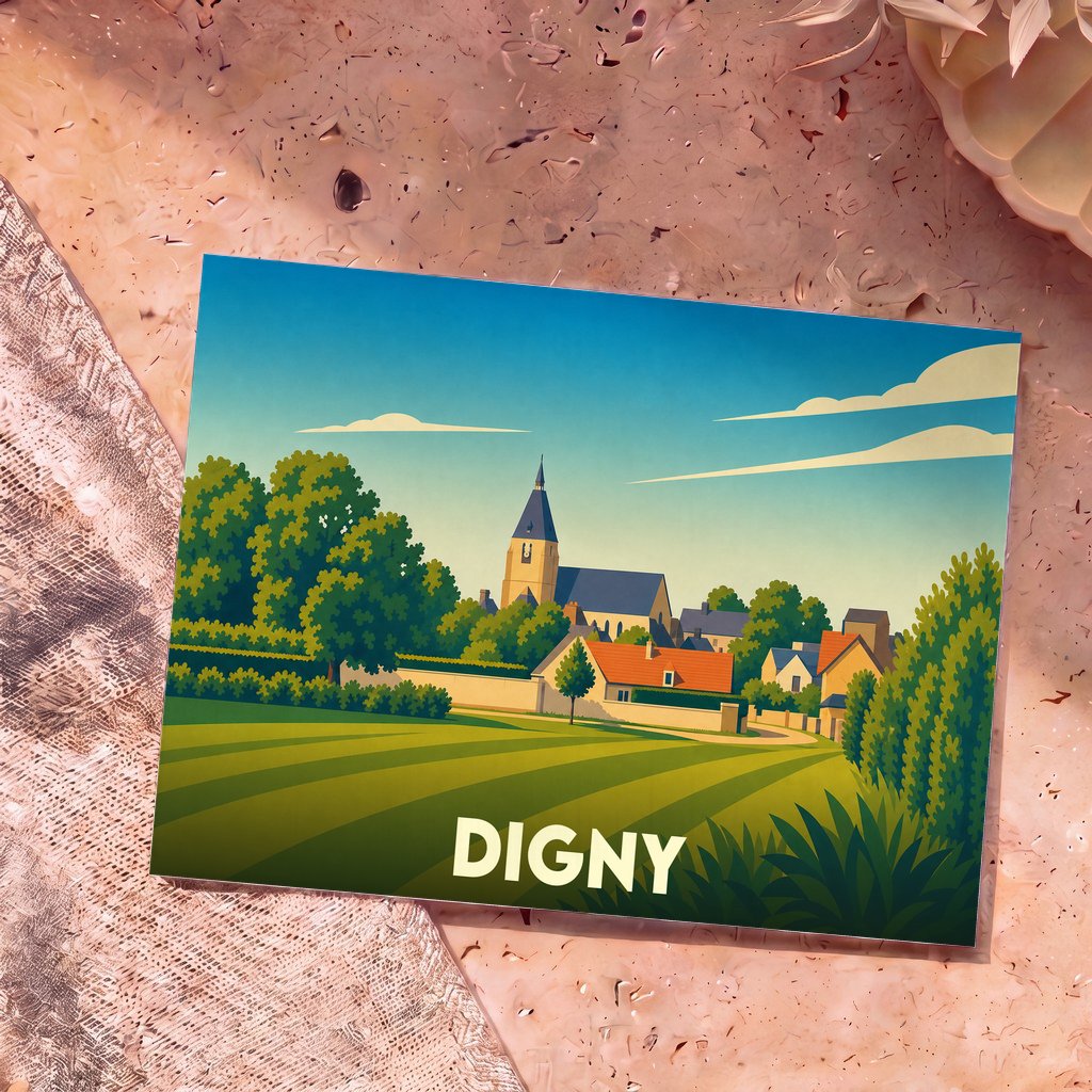 Carte postale souvenir de la ville de Digny arborant une illustration stylisée et colorée de ses paysages et de son église.