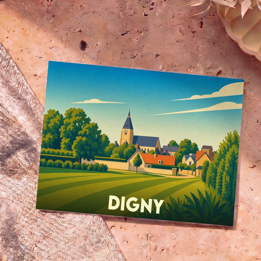 Carte postale souvenir de la ville de Digny arborant une illustration stylisée et colorée de ses paysages et de son église.