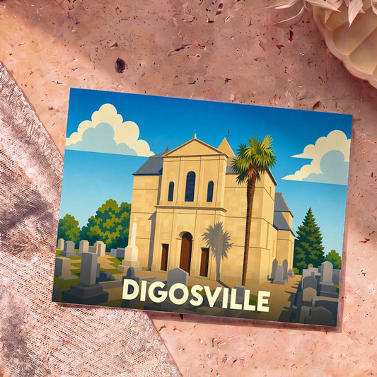 Carte postale souvenir de la ville de Digosville avec une illustration stylisée d'une église et de son cimetière.