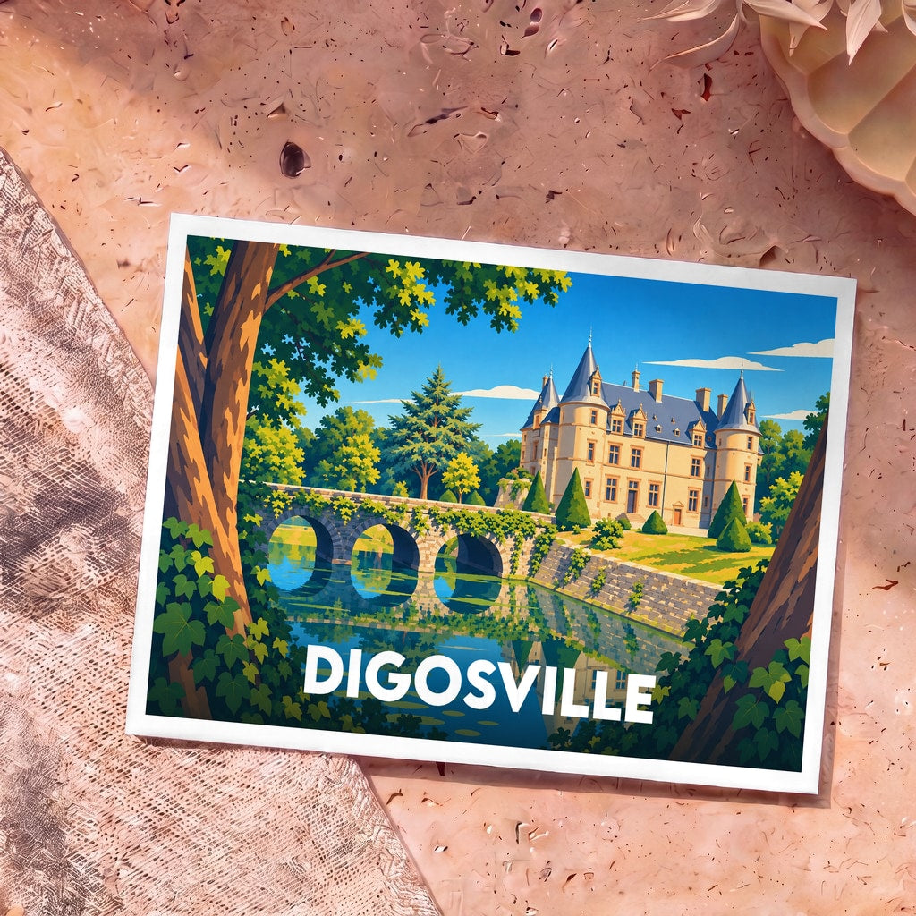 Carte postale souvenir de la ville de Digosville illustrée par un château et un pont de pierre stylisés.