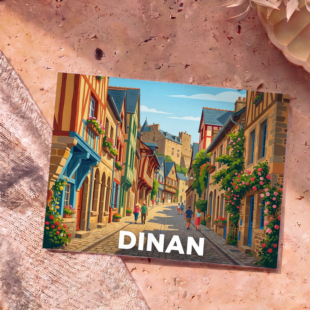 Carte postale souvenir de la ville de Dinan avec une illustration colorée et stylisée de ses rues médiévales.
