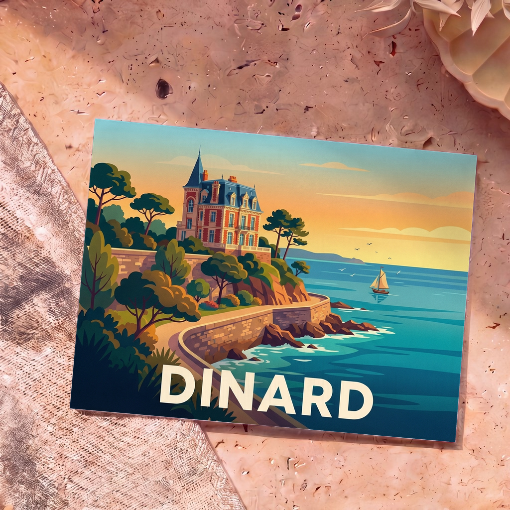 Carte postale souvenir de la ville de Dinard illustrant une villa emblématique en bord de mer dans un style rétro.